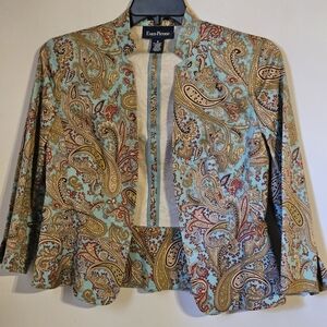 Evan Picone Paisley Peplum Design Jacket in Blue/Gold With 3/4 Sleeve Size 8